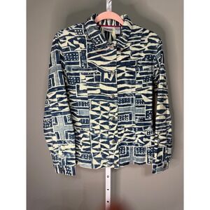 Chico's Blue Cream Aztec Ikat Button-UpJacket 8 100% Cotton Coastal Grandmother